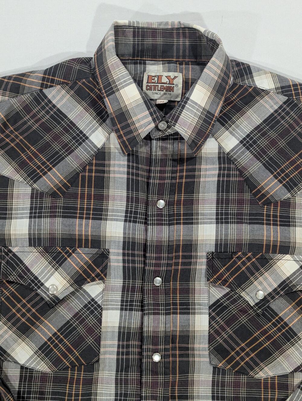 Ely Cattleman Shirt Mens M Gray Plaid Long Sleeve Western Pearl Snap Pockets